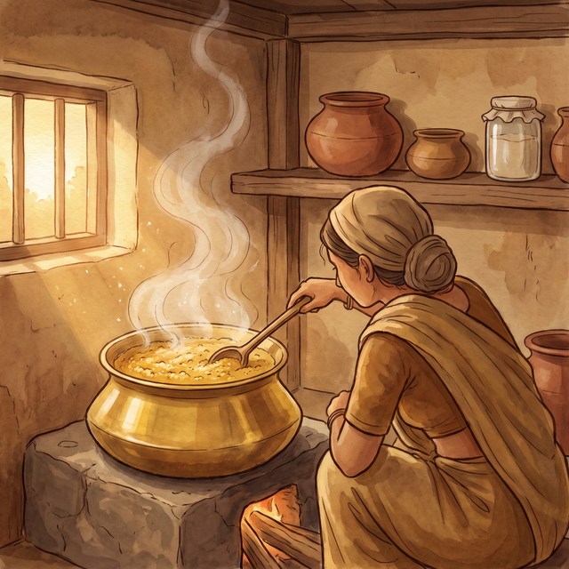 2013 — Gold Touch's beginnings: ghee simmering in a brass pot over a wood fire in a West Bengal village kitchen