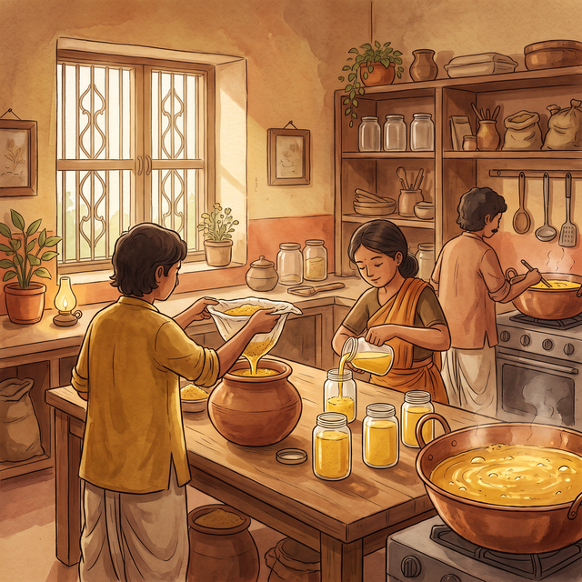 2018 — a family kitchen straining fresh ghee into jars, pantry shelves stocked behind