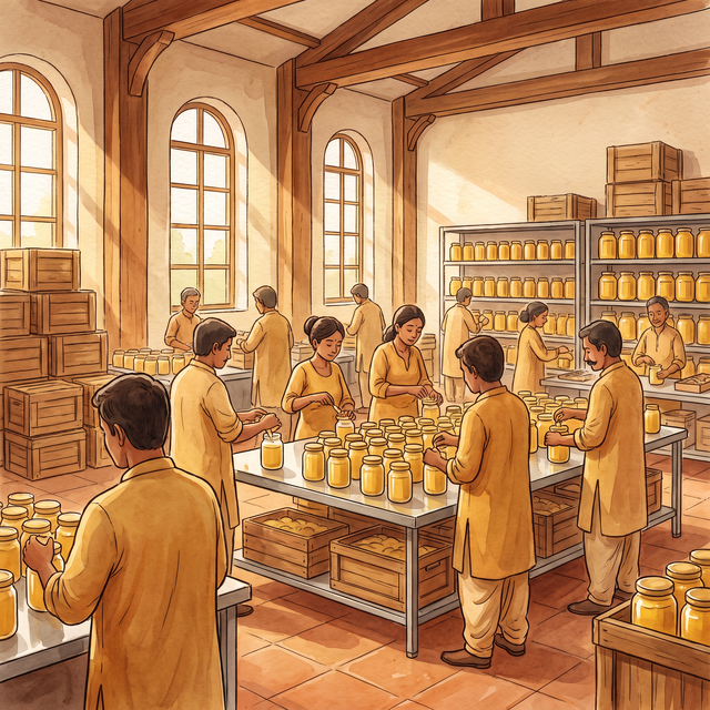 2021 — workers filling and crating Gold Touch ghee jars in a packing hall