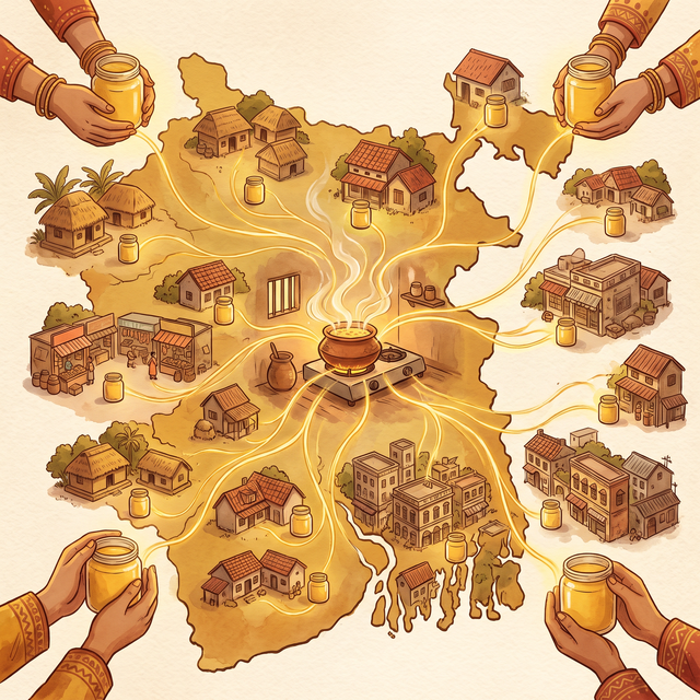 2024 — pan-Bengal distribution: golden routes radiating across a map of Bengal from a single ghee pot