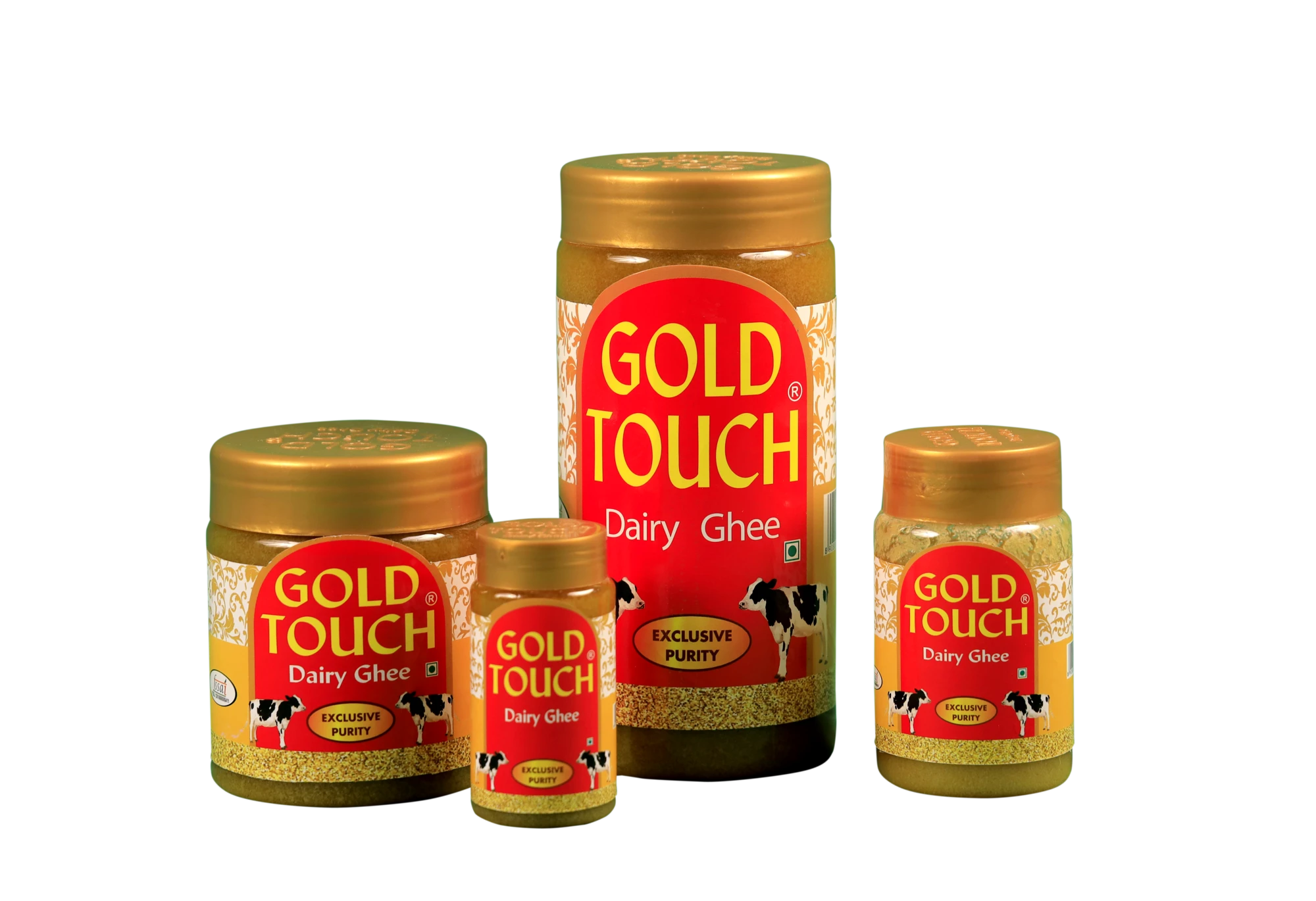 Gold Touch Gawa Ghee jars — 100ml, 200ml, 500ml and 1kg, the real pack shot