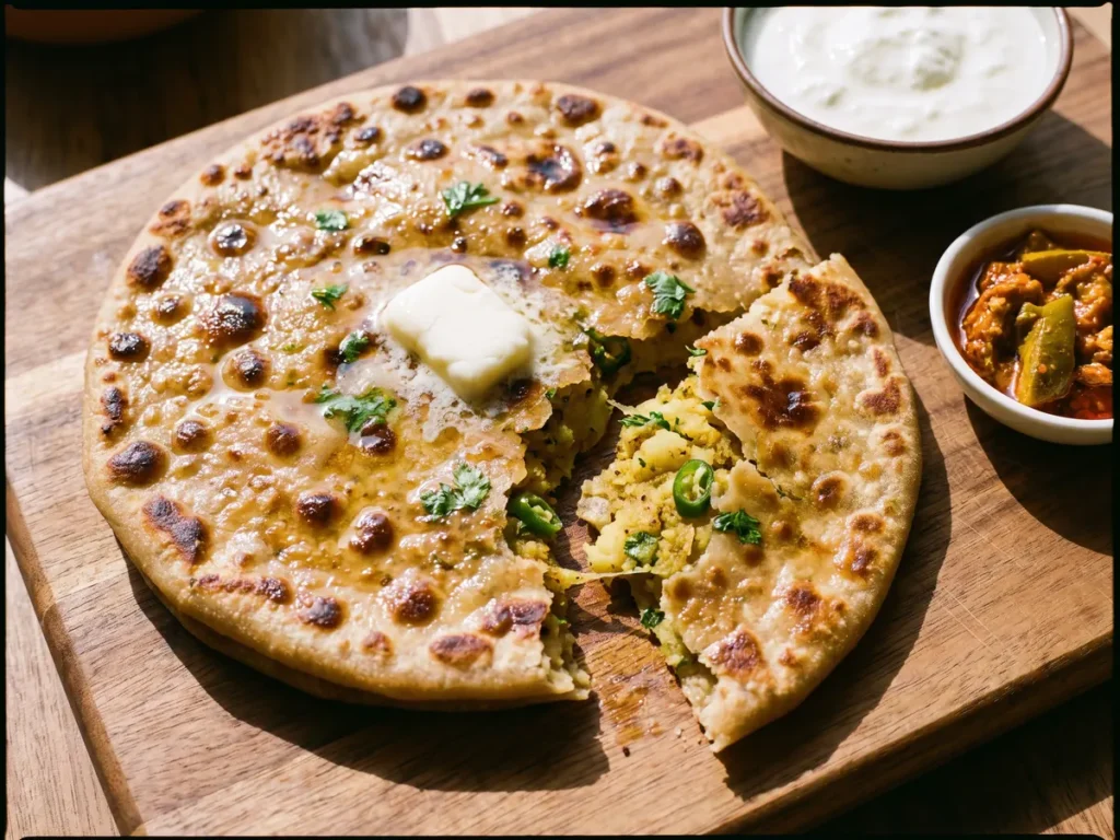 Stuffed aloo paratha on a tawa, golden with Gold Touch gawa ghee