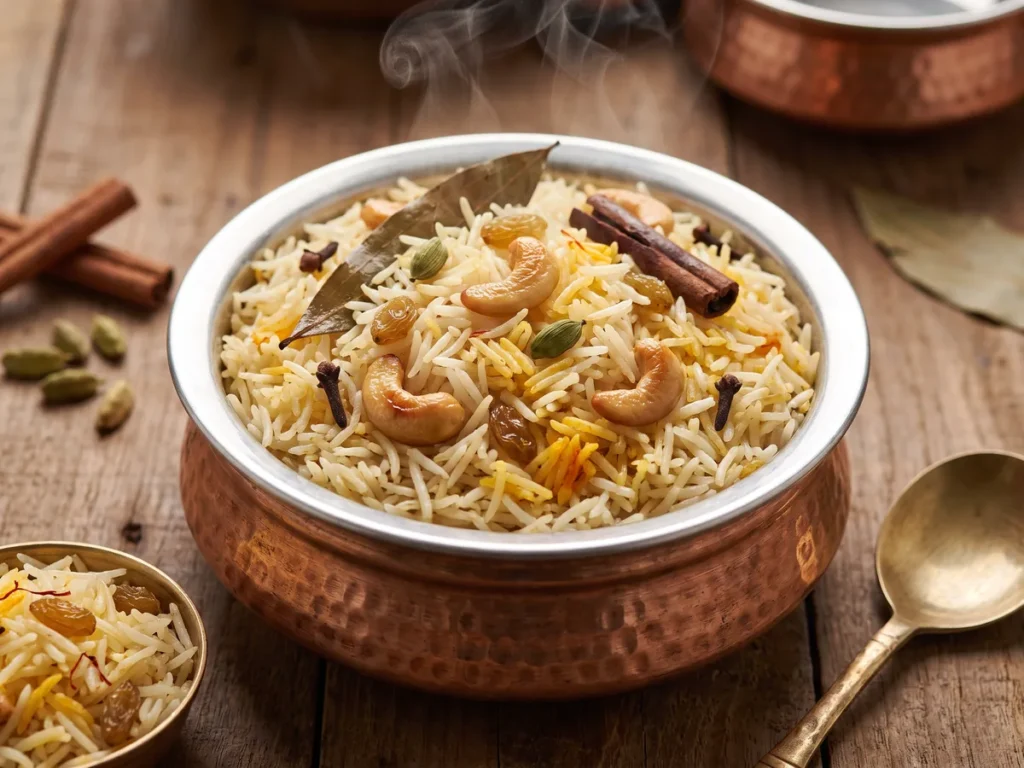 Bengali ghee rice with cashews and raisins, made with Gold Touch gawa ghee