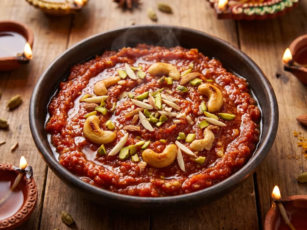 Gajar ka halwa garnished with nuts, slow-cooked with Gold Touch gawa ghee