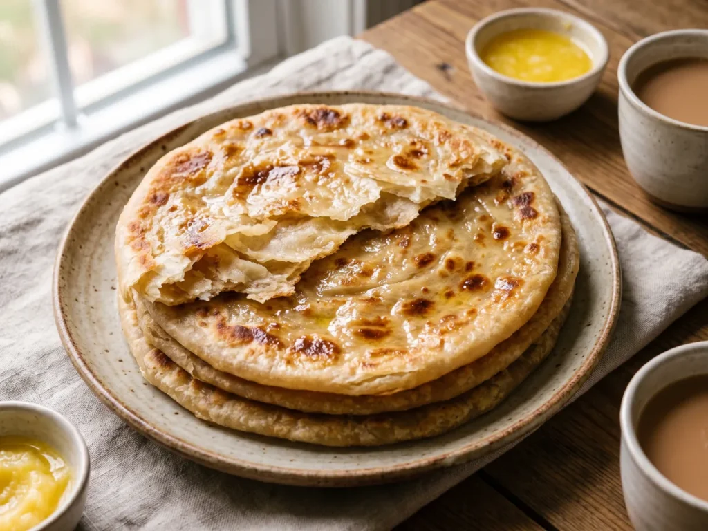 Layered ghee parathas stacked on a plate, brushed with Gold Touch gawa ghee