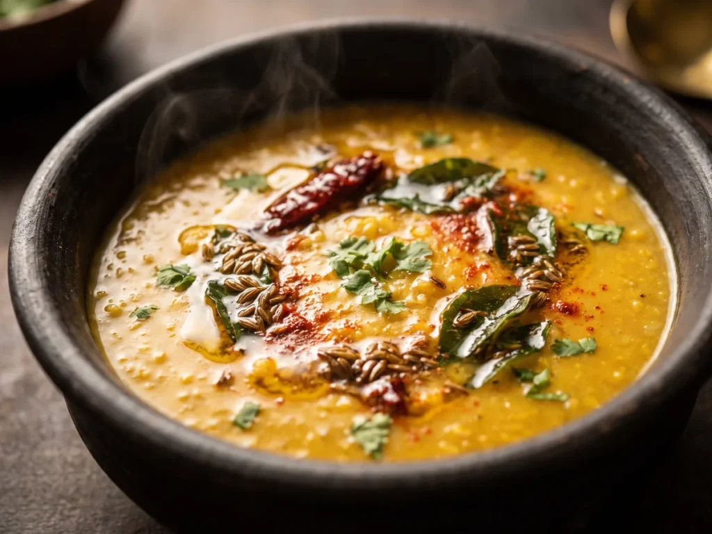 Ghee tadka dal in a steel bowl, tempered with cumin in Gold Touch gawa ghee