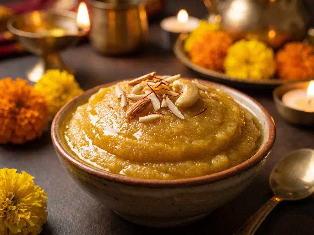 Moong dal sheera in a bowl, cooked with Gold Touch gawa ghee and saffron